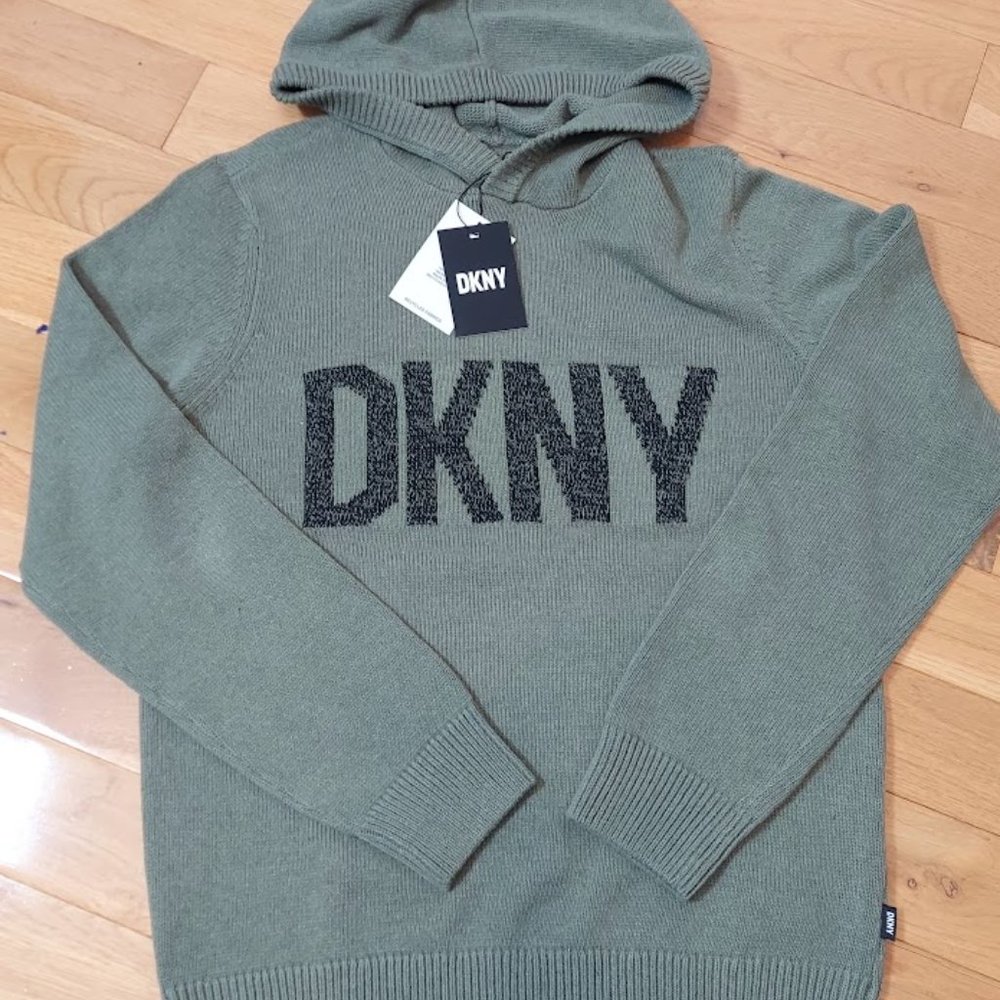 DKNY Men's Pullover Hoodie Knit Sweater Olive‎ Small New 70% Recycled Cotton $89